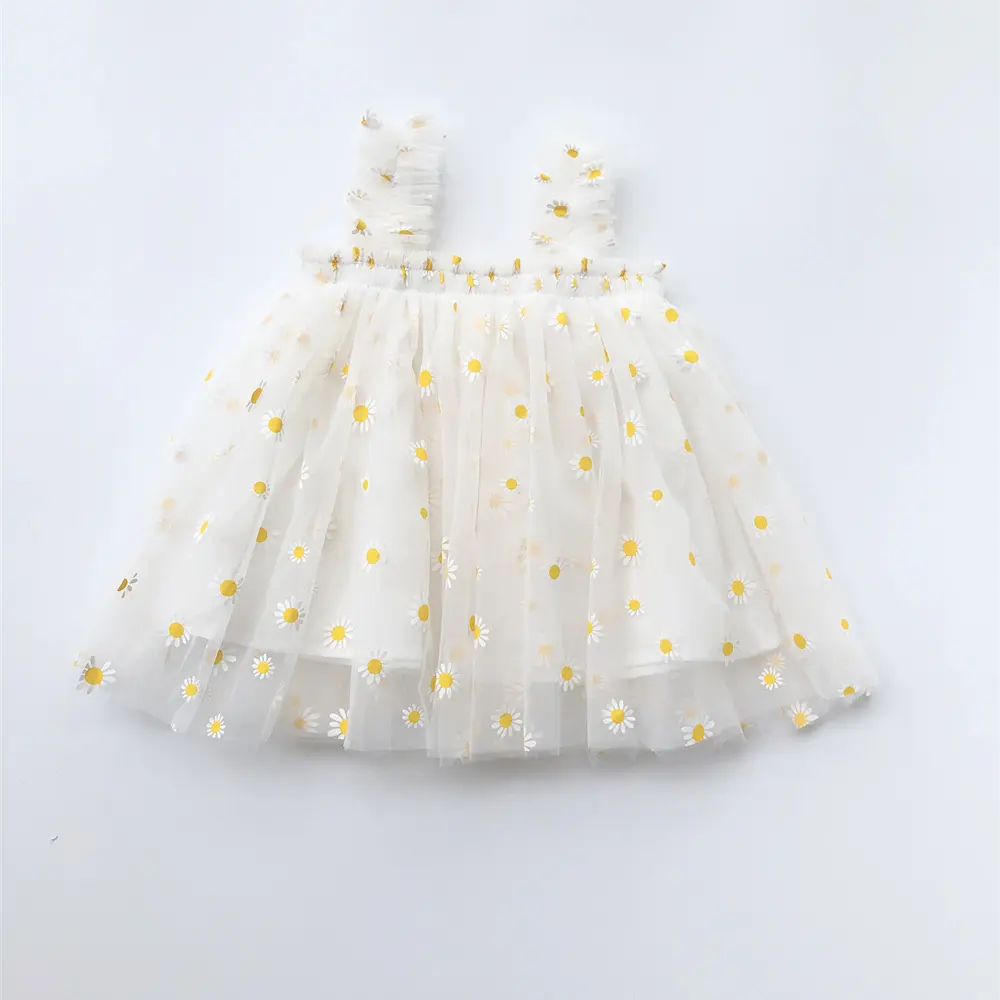 2023 Top Quality Kid Girl Tulle Clothing Backless Clothing Dress Com Cores Diferentes Pastoral Princess White Daisy Dress