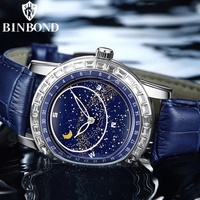 Montre à quartz Binbond 8899 pour homme, bracelet en cuir, cadran ciel étoilé, montre-bracelet décontractée tendance, étanche, montre à phases lunaires pour homme