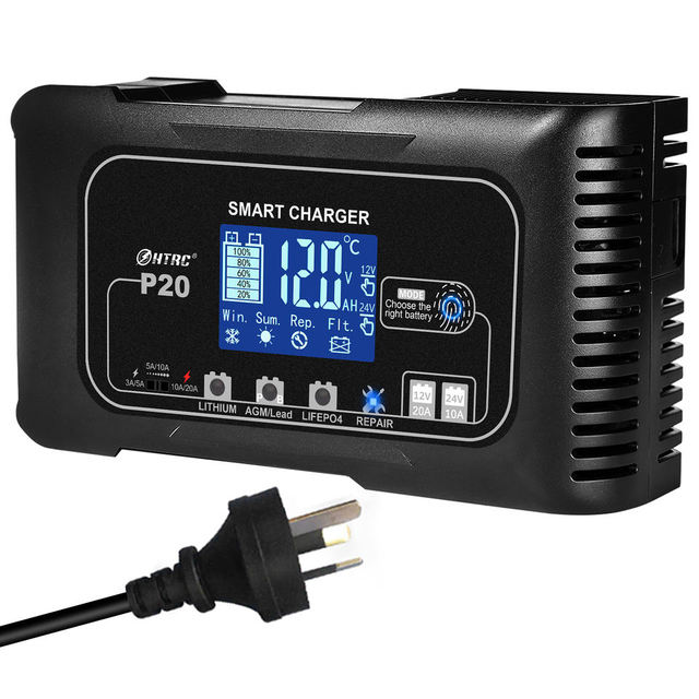 HTRC 20-Amp 12V/20A 24V/10A Lead-Acid(AGM/Gel/SLA)/Lithium LiFePO4 Fast Charger 12V/24V Battery Charger CE/FCC/ROHS Certified