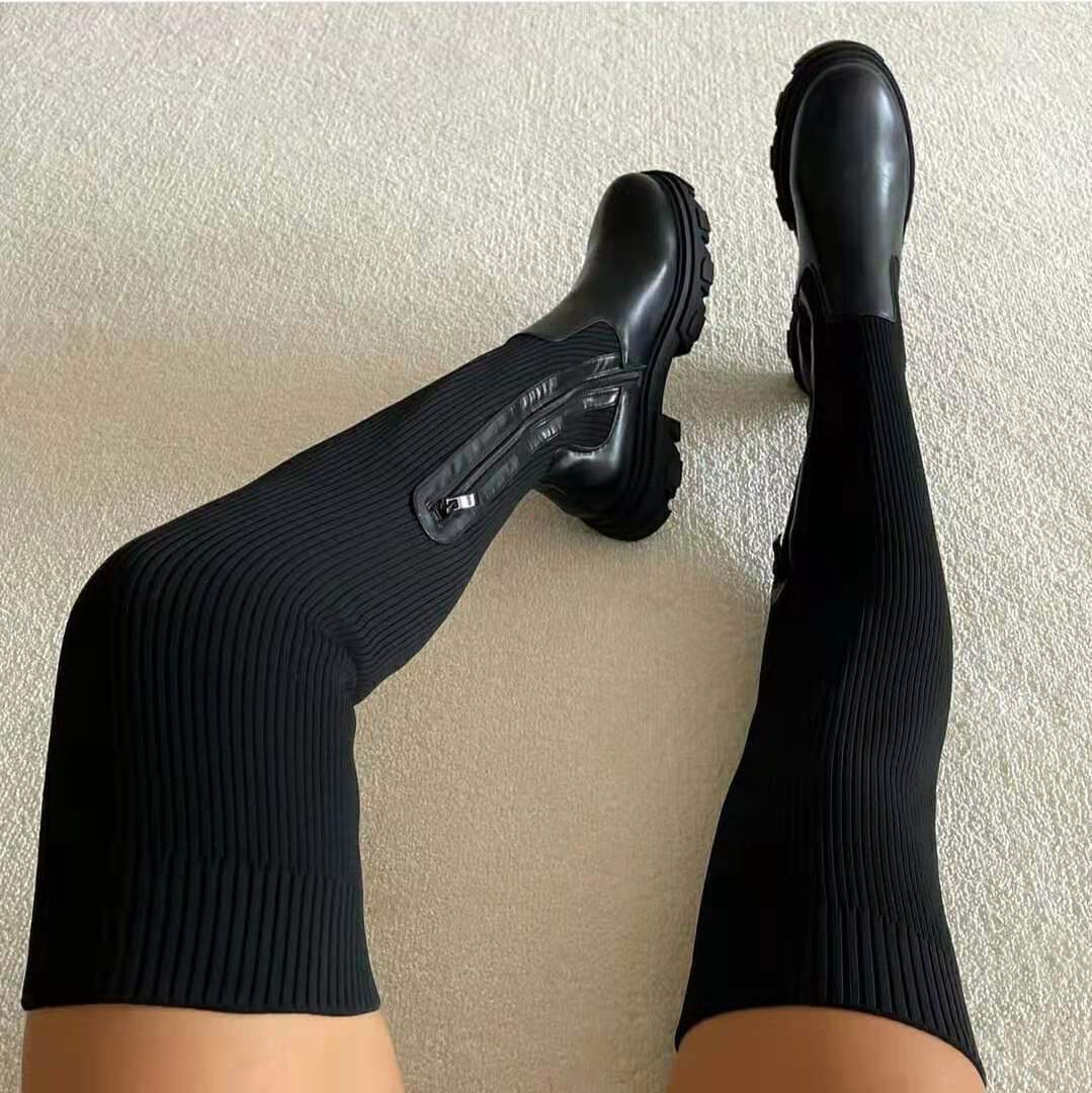 2021 New Women'S Boots Black Flat Knitted Chunky Thigh High Boots Ladies Boots