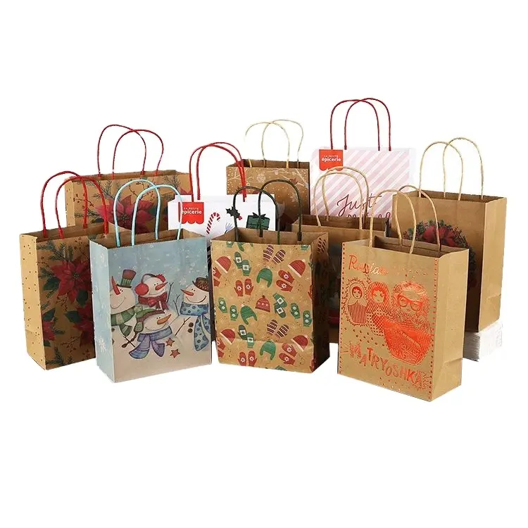 Tas kemasan kertas belanja Kraft tas hadiah cetak kustom Natal