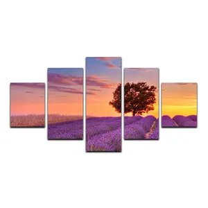 Landschaft Blume Bild Leinwand Wand kunst Lila Lavendel und Baum Malerei Romantische Provence Felder Kunstwerk Sets von 5 Stück