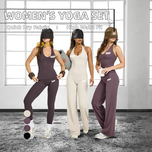 Custom Workout Sets Women High Quality Breathable Solid Rhinestone <b>Waist</b> Halter Deep <b>V</b> Neck Tank Top <b>Leggings</b> Sports Clothes 5 - Product Image 2