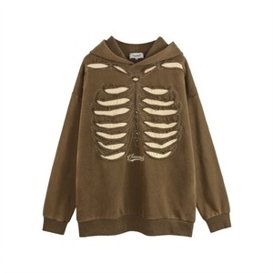 Sudadera con Capucha Personalizable de Estilo Urbano Vintage Lavado con Diseño de Esqueleto Calado y Gráficos Desgastados para Hombre y Mujer - Product Image 3