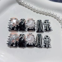 Lot de 10 faux ongles à presser faits main en forme de canard, noirs et argentés, style punk, avec étoiles, cœurs, croix, pointes et strass, en acrylique, couverture complète