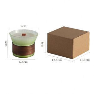 Bougie parfumée en verre vert en forme de lotus avec anneau en bois, mèche unique, aromathérapie, décoration d'intérieur - Product Image 2