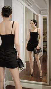 Satin Mini Dress Sleeveless <b>Spaghetti</b> <b>Strap</b> Sexy Bodycon Party Cocktail OEM Custom Women Elegant Black Square Neck Ruched - Product Image 2