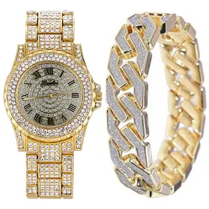 Groothandel Luxe Design Mannen Diamanten Quartz Horloge Armband 2 Stuks Sieraden Gift Set Bling Cubaanse Iced Out Diamant Hip hop Horloge