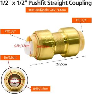 Brass Smooth Surface Push-to-<strong>Connect</strong> Plumbing Fittings 1/<strong>2</strong>" Pushfit Straight Fittings with Disconnect Clip 3-Piece <strong>Set</strong> - Product Image 2