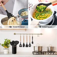 Ensemble de 15 ustensiles de cuisine antiadhésifs en silicone avec manche en bois et support