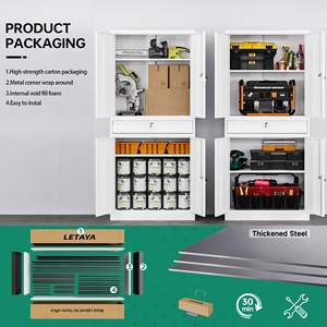 PULAGE 금속 차고 보관 캐비닛-4 도어 흰색 도구 캐비닛, 잠금 장치 및 2 개의 조절 가능한 선반이있는 서랍 장치 - Product Image 4