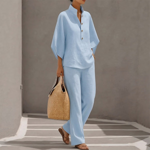 Ensembles Femme Couleur Unie Nouveauté Printemps 2026 Personnalisables en Gros avec Boutons, Poches, Jambes Larges, Col Revers, Coupe Droite, Tendance, Élégants et Décontractés - Product Image 4