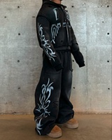 Ensemble de Survêtement Personnalisé Lavé, Hoodie Zippé et Pantalon Évasé avec Imprimé Délavé à l'Acide