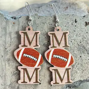 新款运动橄榄球棒球篮球排球耳环女字母妈妈木制耳环母亲节礼物