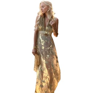 Women's V-Neck Chiffon Dress Gold And Light Green Empire Waist Spaghetti Slip Sheer Layer Club Dress - Product Image 5