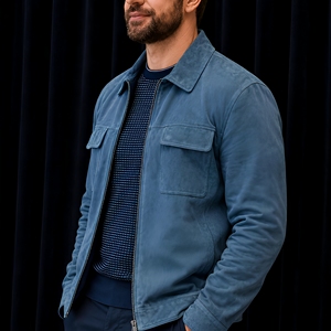 Men's Blue <b>Suede</b> Shirt <b>Jacket</b> With Pockets Turn-down Collar Zipper Closure Workwear Style Autumn Wear Wholesale OEM service - Product Image 4