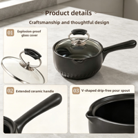 Mini-casserole en céramique Spodumène à long manche avec couvercle en verre, compatible lave-vaisselle ; compatible induction et gaz ; batterie de cuisine sans revêtement