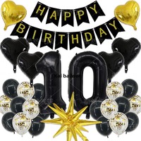 Ensemble de ballons d'anniversaire noirs et dorés pour femmes de 10, 18, 20, 25, 30, 31 ans, fournitures de fête avec décoration HAPPY BIRTHDAY