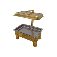 Buffect Catering – Nouveaux Réchauds de Luxe Rectangulaires Dorés en Acier Inoxydable avec Couvercle Visuel Suspendu et Chauffage à l'Alcool