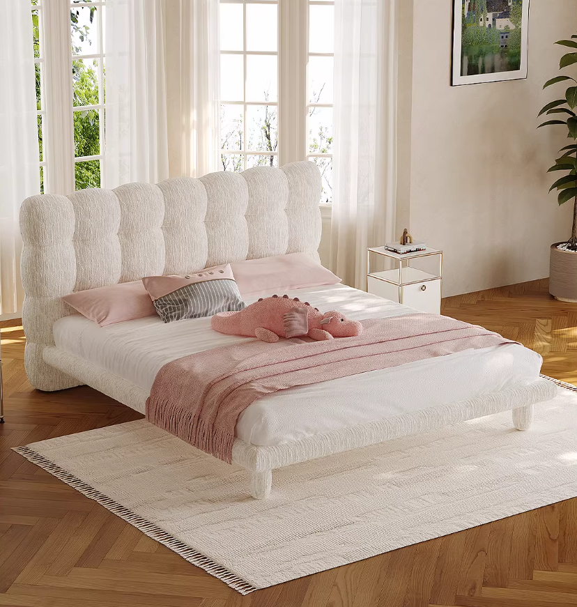 French Cream Bubble Bed for Girls – Pink Fabric Upholstered Princess Kids Bed for Bedroom, Small Apartments & Children’s Rooms - View 2
