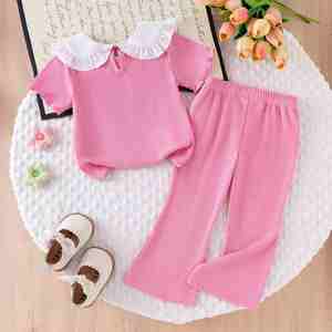 Completo estivo da bambina con colletto a bambola, maniche corte e pantaloni a zampa, due pezzi, grazioso ed elegante outfit per neonata - Product Image 4
