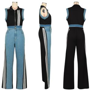 AL322 Denim 2 pezzi Set di pantaloni da donna alla moda con cerniera <span class=keywords><strong>canotta</strong></span> a righe e gamba <span class=keywords><strong>larga</strong></span> Jeans abbigliamento Casual 2025 - Product Image 2