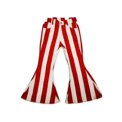 Manufacturer supply pre-order wholesale children denim pants kids flare trousers girls red striped jeans