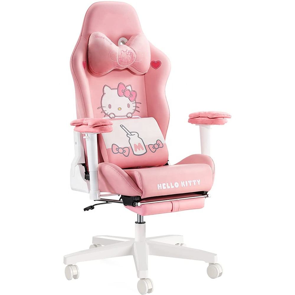 Kursi game kitty kursi Gaming, kursi gaming berenda komputer ergonomis dapat diatur merah muda lucu untuk anak perempuan