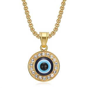 Collier pendentif œil porte-bonheur en acier inoxydable, breloque ronde sertie, bijou cadeau - Product Image 5