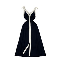 Nouvelle Robe Longue Tricotée Élégante Printemps/Été 2024 à Col en V et Bretelles, Style Hepburn, Coupe Trapèze, Color-Block, Jupe Noire pour Femme
