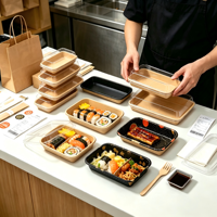 Plateau à sushi jetable en papier kraft série EP avec couvercle PET transparent anti-buée pour la vente à emporter, la restauration et les fournitures professionnelles en gros