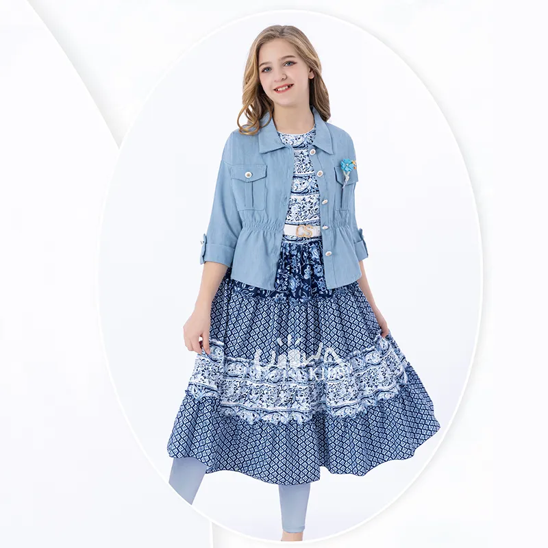 Bestseller global lindo vestido de niña elegante OEM personalizable moda azul niñas princesa vestido conjunto