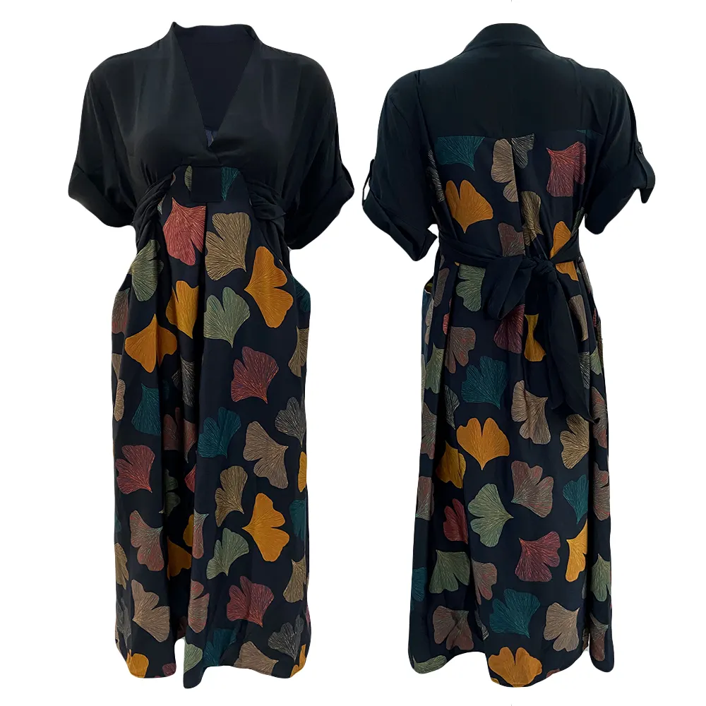 Custom Lace-up Patchwork Digital Print Middle East Arabian Islamic Dubai Dresses Women V-neck Loose Abaya Dress