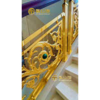 Rampe d'escalier de villa de luxe léger, style européen, en cuivre et aluminium, finition or K, haut de gamme, à fixation au sol, pour intérieur, avec garde-corps en bois massif