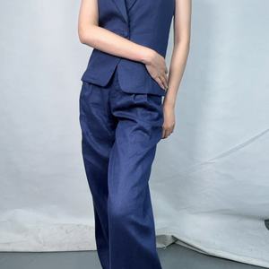 กางเกงฮาเร็มผ้าลินินสีน้ำเงินทรงลำลองเอวสูงสำหรับผู้หญิง ดีไซน์ใหม่ประจำฤดูใบไม้ร่วงจาก OEM ระบายอากาศได้ดี - Product Image 3