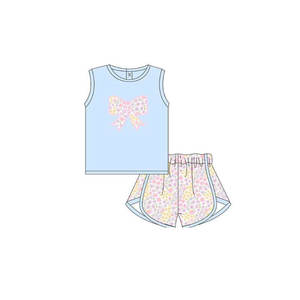 GSSO3383 Conjunto de ropa infantil de verano para niña, con bordado de flores rosas y lazos, venta al por mayor, conjunto de ropa infantil de manga corta para niña - Product Image 1