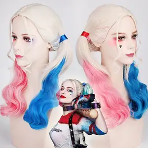 Cosplay klasik saç peruk isıya dayanıklı moda peruk uzun sentetik saç desteği LW-21QT toptan kıvırcık pembe ve mavi