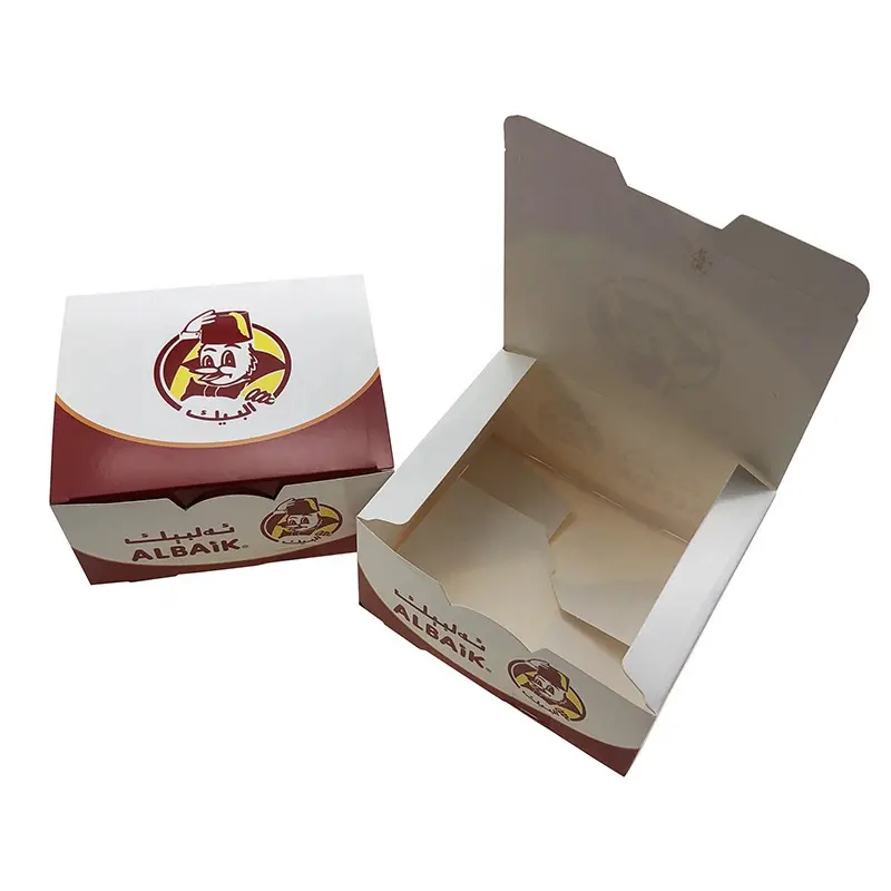 Beyaz kızarmış tavuk kutusu gitmek restoran Pe kaplamalı kağıt kurulu kalıp kesim paket servisi olan restoran kutuları cips için gıda konteyner ambalaj