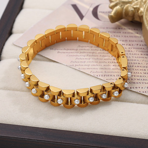 Pulsera de Acero Inoxidable con Cuentas y Baño de Oro de 18k, Diseño Geométrico, Estilo Europeo Americano, Unisex - Product Image 2