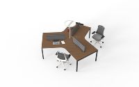 Poste de travail modulaire à 120 degrés pour 3 personnes avec finition en grain de noyer et éclairage intégré pour bureau à aire ouverte