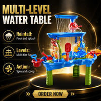 Table d'eau multi-niveaux en plastique bleu pour enfants, idéale pour les jeux de plage en extérieur avec sable et accessoires