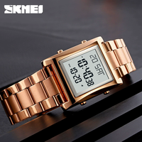 Promo Panas Jam Tangan Pria SKMEI Kotak Stainless Steel Mewah Sport Fashion LED Kristal Analog Alarm Tahan Air 3BAR