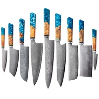 Ensemble de 8 couteaux de cuisine professionnels 67 couches en acier damas VG10 avec résine composite + manche en bois de ronce d'érable bleu