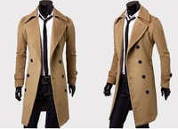 Jas Trench Coat Pria Musim Gugur dan Dingin, Model Double-Breasted, Bahan Tweed, Slim Fit