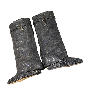 <span class=keywords><strong>Stivali</strong></span> di Lusso Completamente Decorati con Diamanti, Morbidi e Lucidi, Slip-on con Tacco a <span class=keywords><strong>Zeppa</strong></span>, Scarpe da Donna con Chiusura Metallica, <span class=keywords><strong>Stivali</strong></span> Alti fino al Ginocchio - Product Image 3