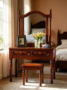 Vintage Solid Wood Dressing Table Set With <b>Mirror</b> Stool 2 Drawers Walnut Bedroom <b>Makeup</b> Vanity Desk - Product Image 5