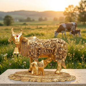 Figurine de vache et de veau en laiton plaqué or avec clochette et pierre rouge, décoration d'intérieur, art de la fonte, thème animalier - Product Image 3