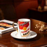 Ensemble tasse et soucoupe à expresso Campbell's Soup Can, 90 ml, vintage, Andy Warhol Pop Art, réutilisable, en porcelaine, avec poignée dorée, écologique