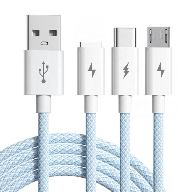 6A 66W 3-in-1 Super Charging USB Type-C Data Cable Nylon Braided Fast Charging Micro USB Charger Mobile Car Multifunction Cable