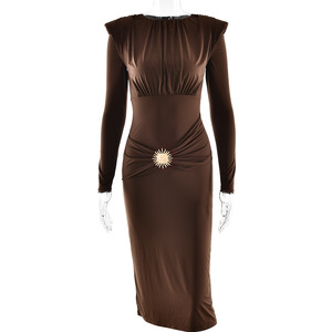Vestido Elegante Ajustado con Cuello Barco, Manga Larga, Cintura Plisada, Color Sólido, Midi, para Eventos Nocturnos, Moda Otoño-Invierno para Mujer - Product Image 5